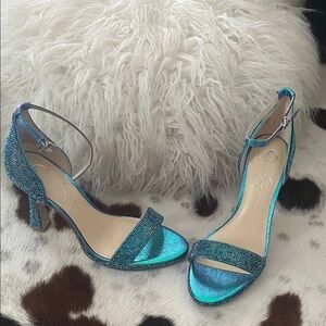 Jessica Simpson Shimmering Teal Open-Toe Ankle Strap Heels